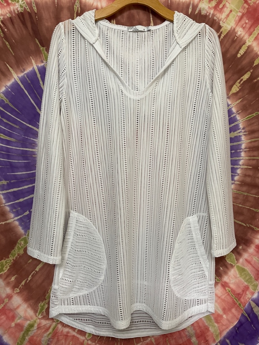Prana White Lightweight Crochet Hooded Swim Cover-Up